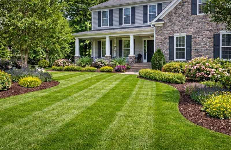 Striped, freshly mowed lawn with curved mulched flower beds in front of a Metro Atlanta home